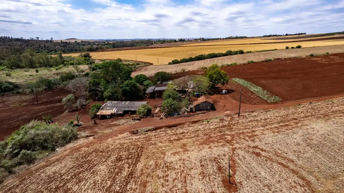 Vista aérea de lavouras em solo vermelho, com uma sede de fazenda.
