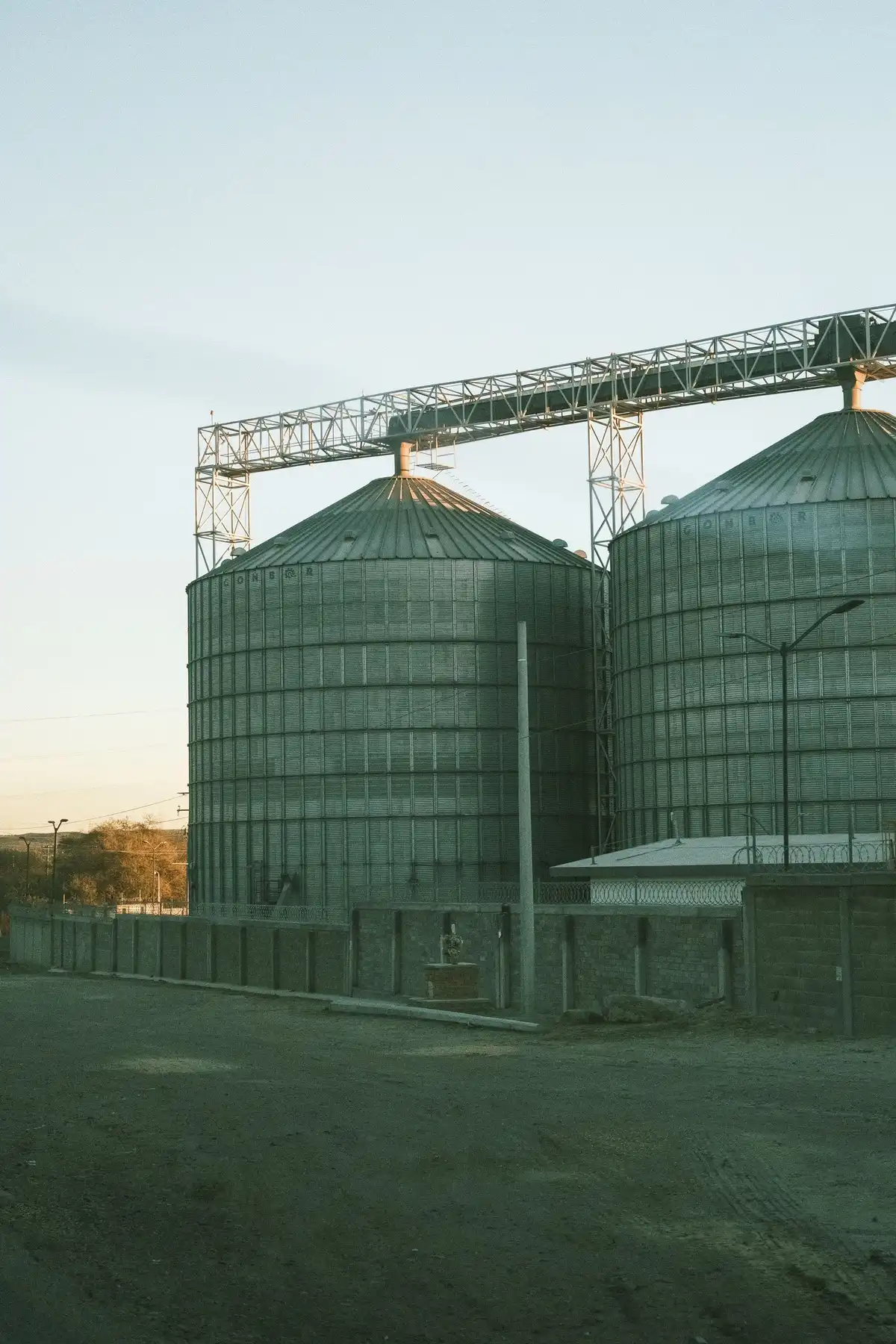 Silos metálicos de armazenagem de grãos ao entardecer.